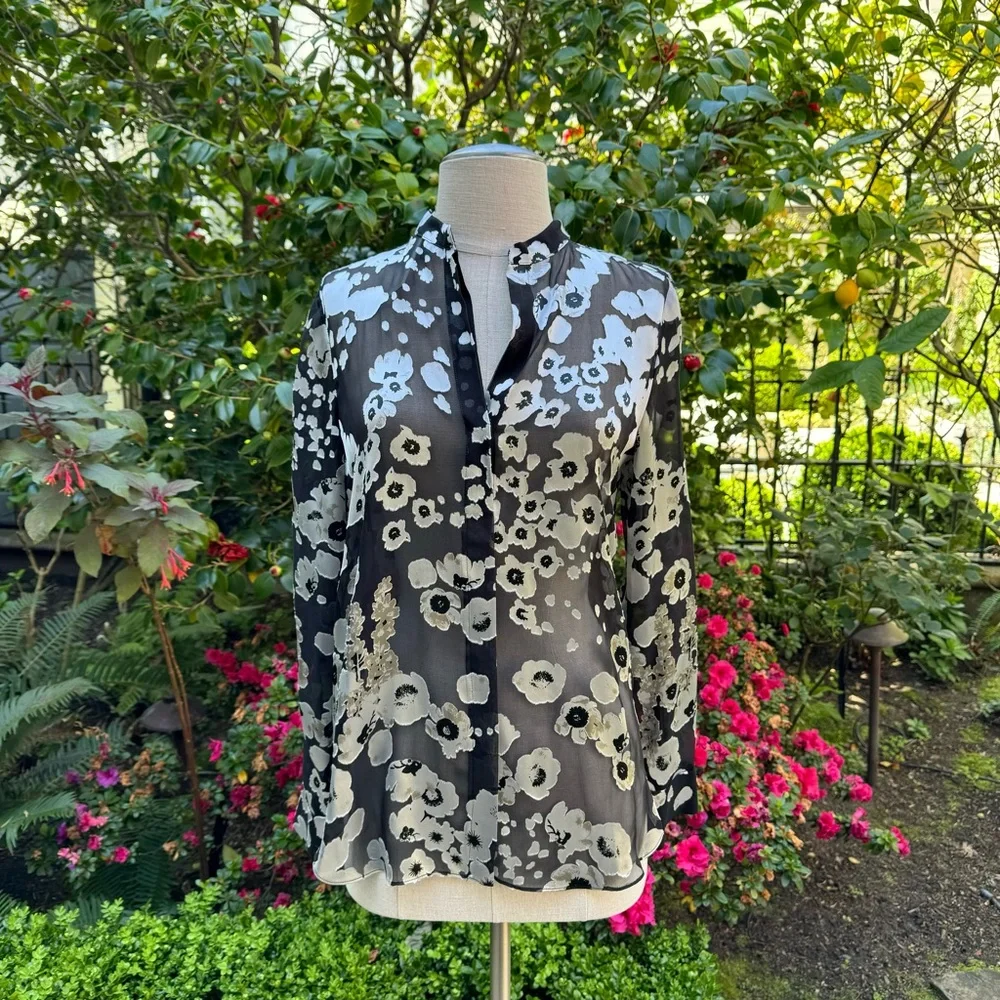 Alice + Olivia Belle Mandarin-Collar Floral-Print Blouse Sz S - Picture 2 of 11